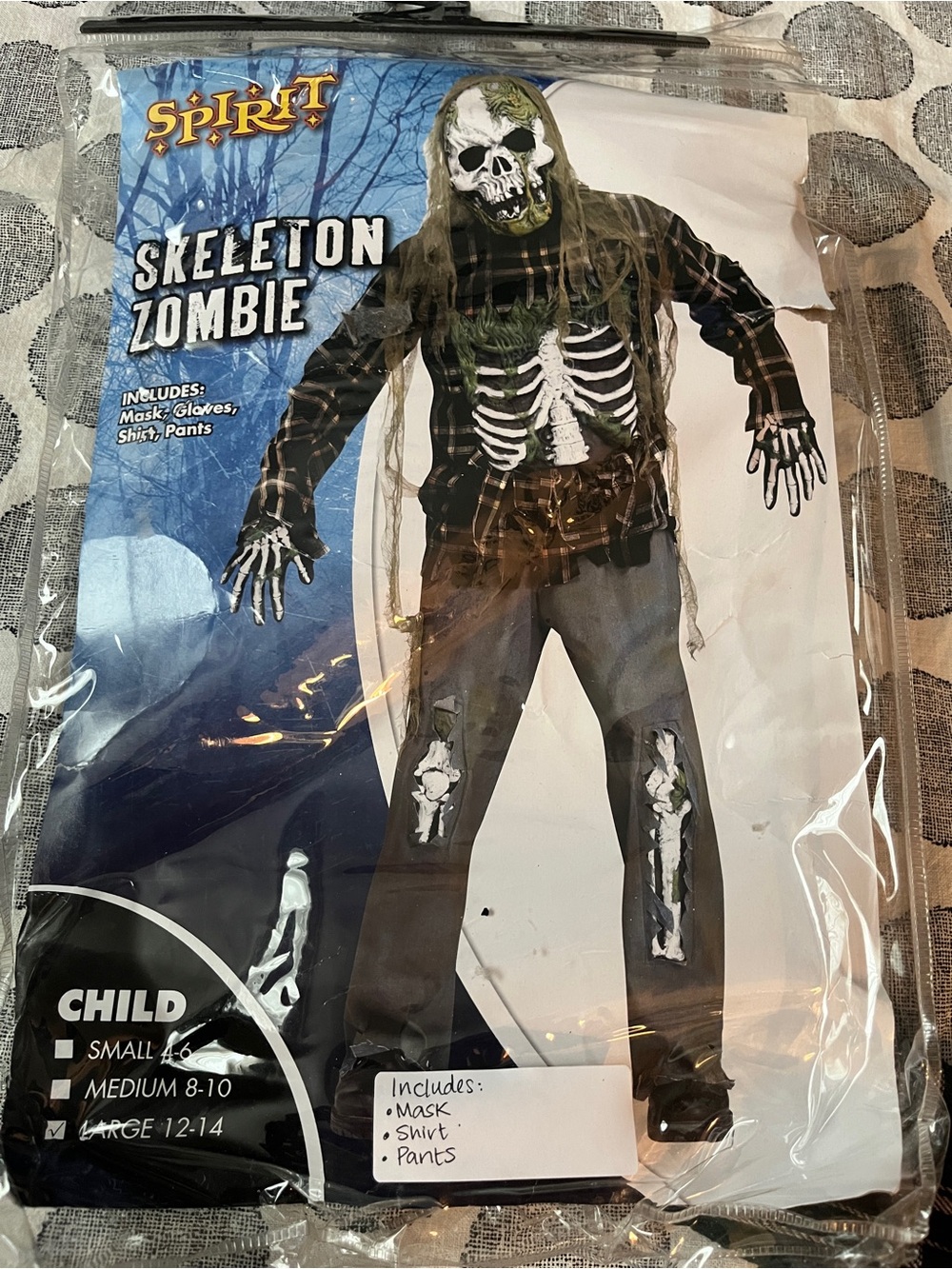 Spirit Halloween Skeleton Zombie Kids Large 12-14 - Shirt Pants Mask